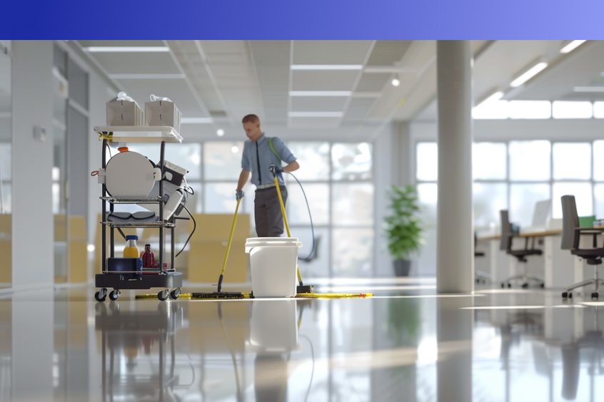 Commercial cleaning cart stocked with labeled supplies while a cleaner mops an open-plan office floor