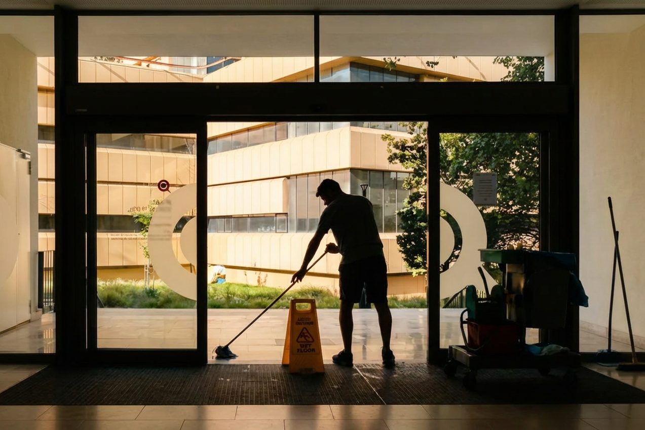 Cleaner mopping the glass entrance of an office building at dusk, beside a wet-floor sign and a stocked janitorial cart