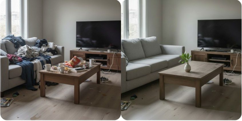 Before and after a first deep clean: the same living room cluttered with laundry and dishes, then reset with clear surfaces