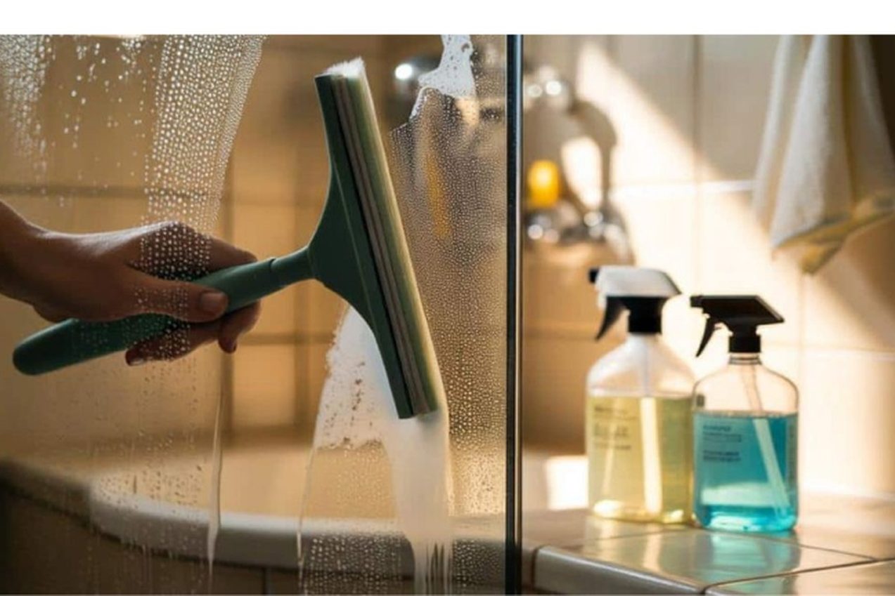 Cleaner squeegeeing foam off a glass shower door during a deep clean, with two spray bottles on the tiled tub surround