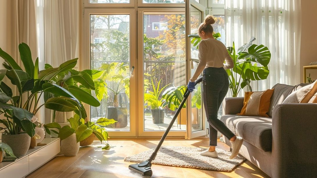 Cleaner vacuuming a rug in a bright, plant-filled living room with the balcony doors open