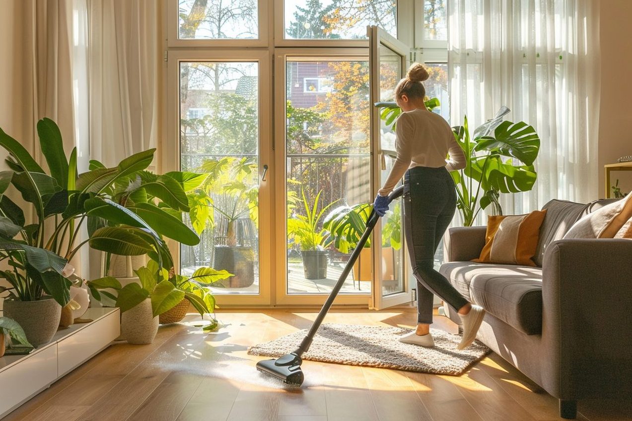 Gleaming cleaner wiping a tall living-room window in a Hague apartment, red-brick terraced houses across the street
