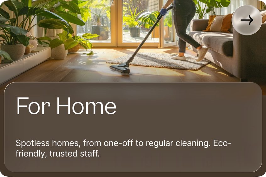 Gleaming's For Home service card over a freshly vacuumed living room — one-off to regular cleaning