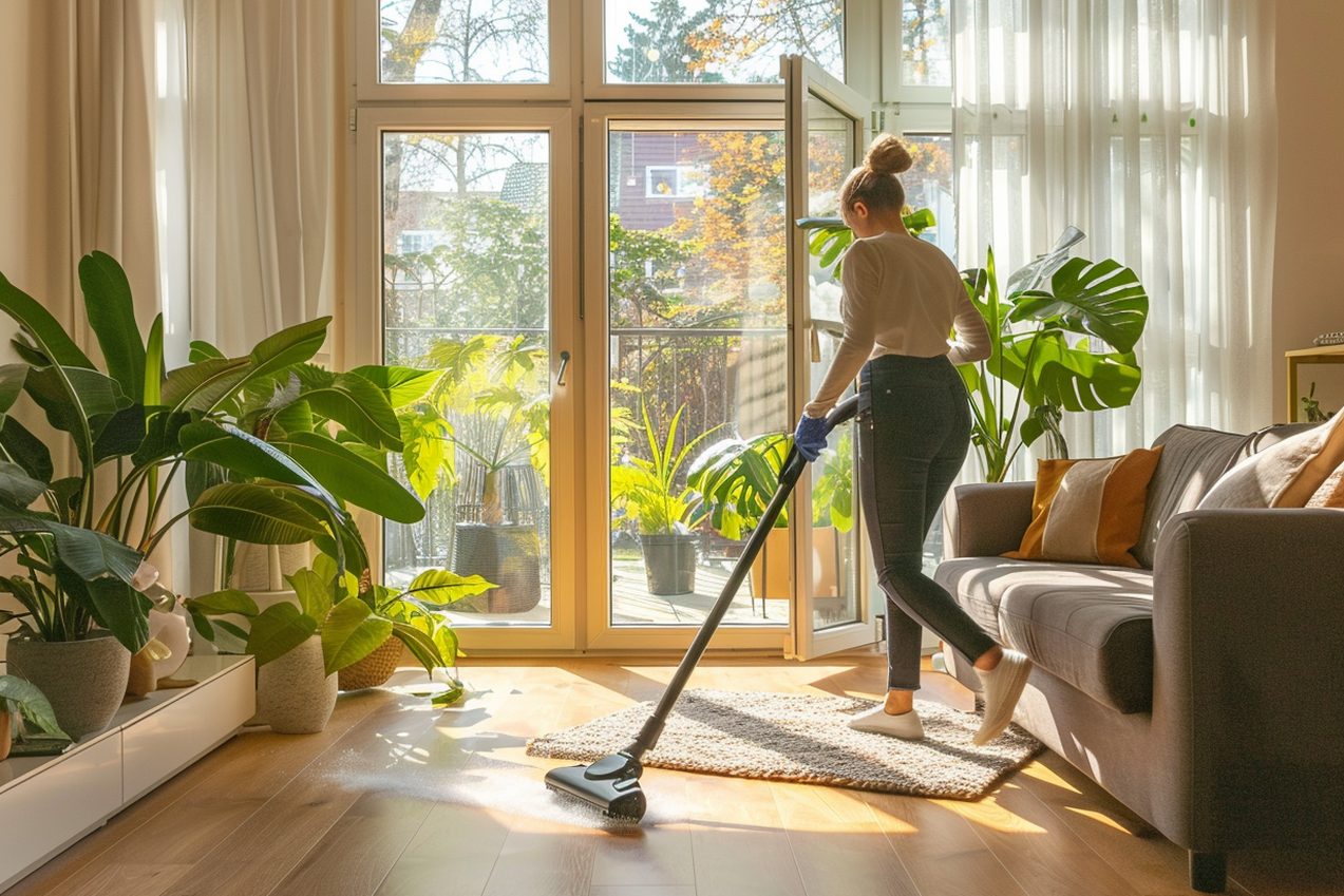 Cleaner vacuuming a rug in a bright, plant-filled living room during a standard home cleaning visit