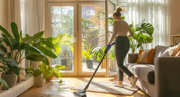 Cleaner wiping down a bright living room during a standard house cleaning visit