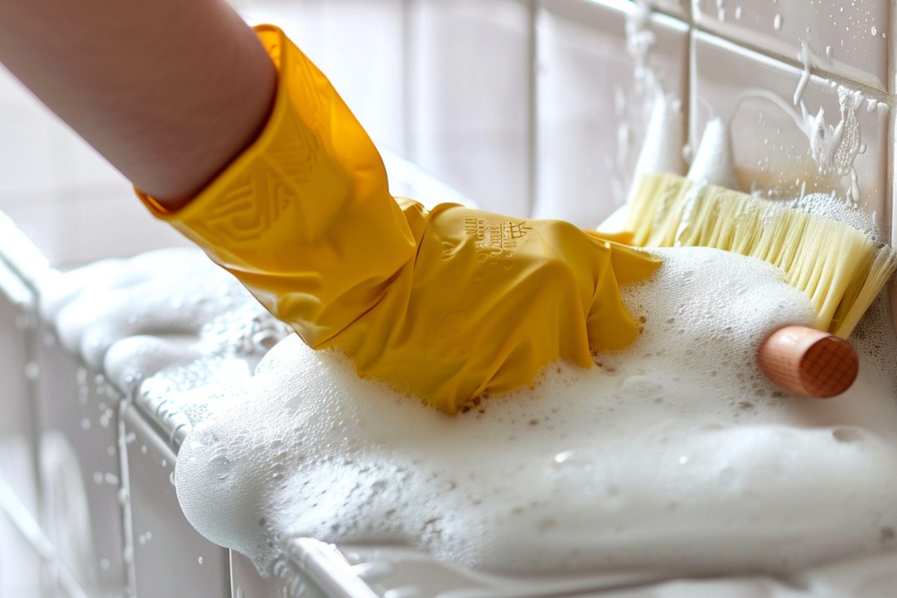 Cleaner in gloves scrubbing limescale off a rental bathroom shower screen during a move-out clean