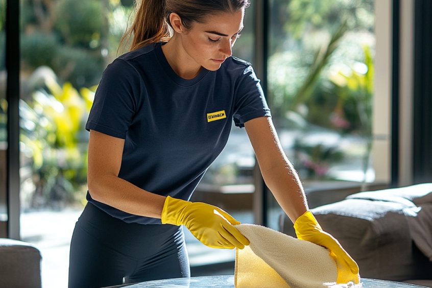 Uniformed cleaner in yellow gloves wiping a glass tabletop with a microfiber cloth