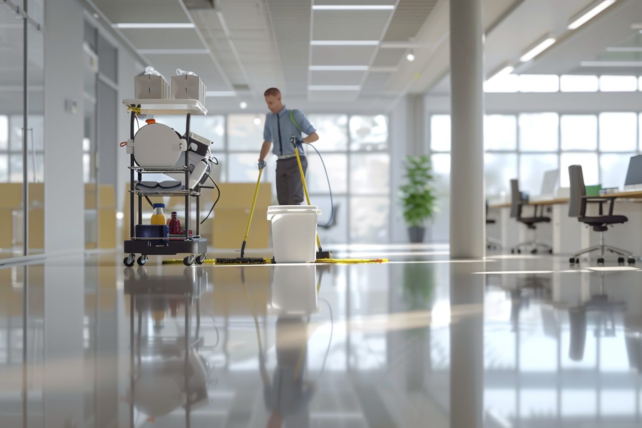 Commercial cleaner mopping the polished floor of a bright open-plan office beside a janitorial cart