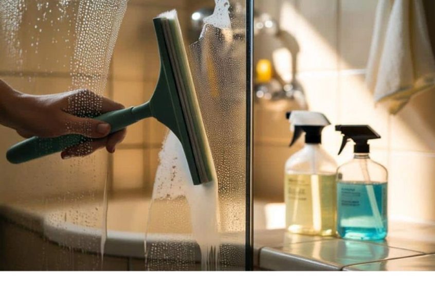 Cleaner disinfecting the counter and sink of a shared office kitchen
