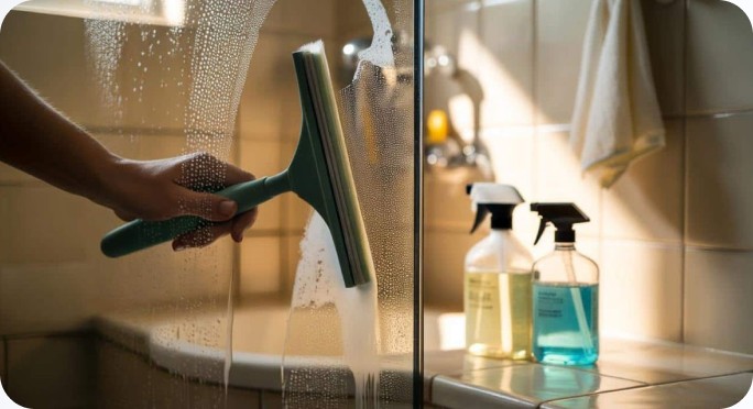 Cleaner squeegeeing a glass shower door with eco-friendly cleaning sprays nearby
