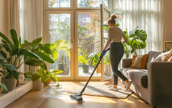 Cleaner vacuuming a bright, plant-filled living room