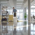 Cleaning cart and janitor in a modern glass-walled office