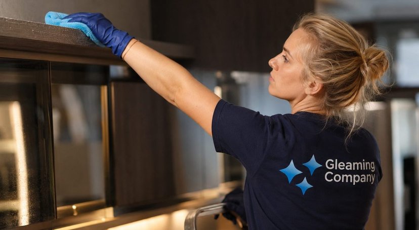 Professional desinfecteert een klinische ruimte