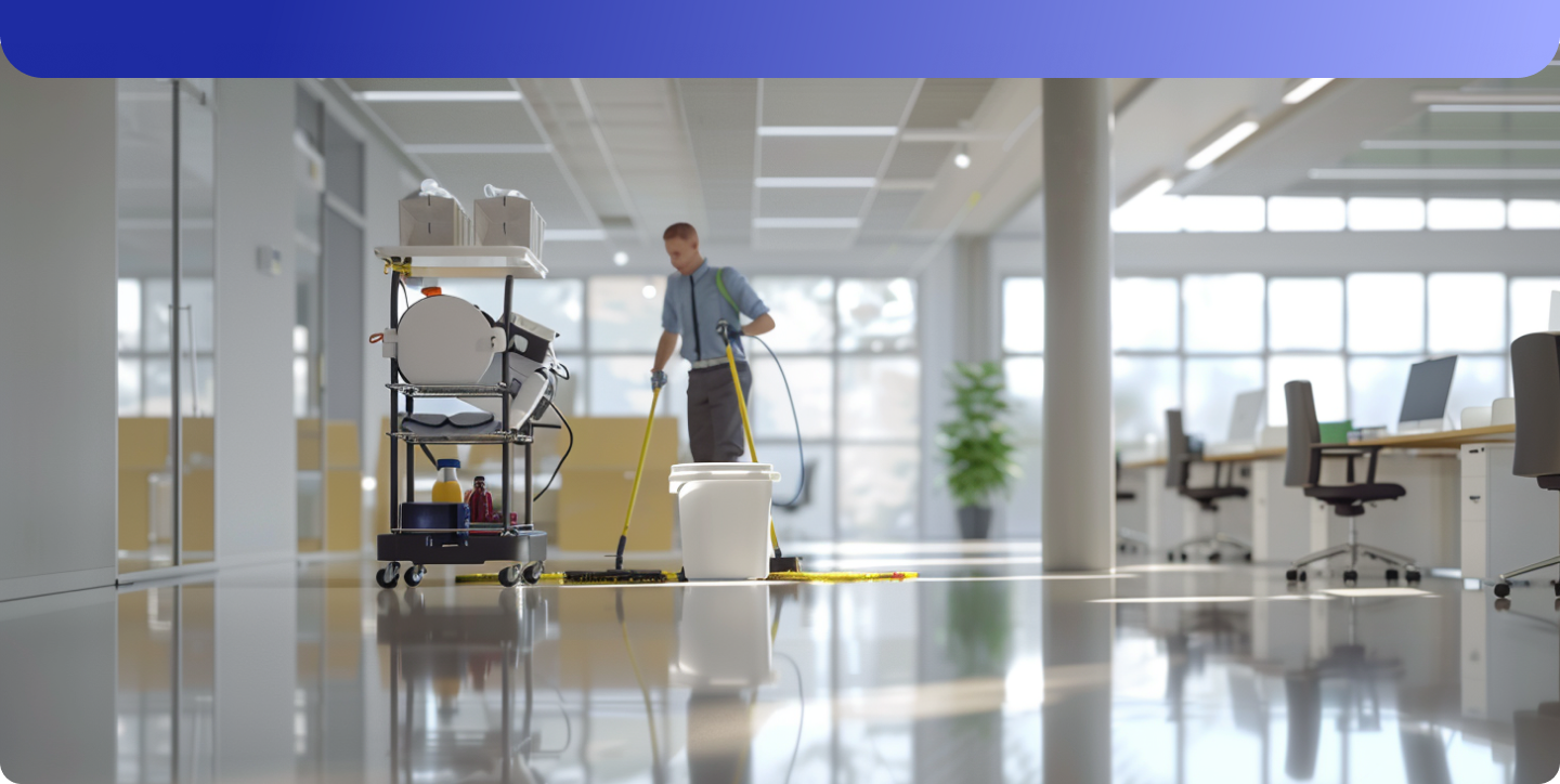 A cleaner mopping a bright open-plan office