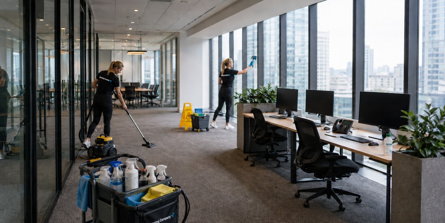 Schoonmakers van Gleaming Company stofzuigen en wassen de ramen van een open kantoortuin
