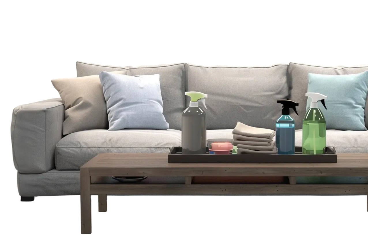 Grey sofa with cushions and a coffee table holding eco-friendly cleaning supplies