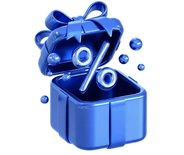 3D blue gift box bursting open with a percent sign
