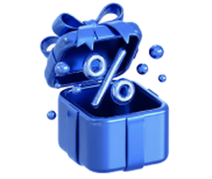 3D blue gift box bursting open with a percent sign