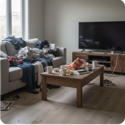Living room cluttered with clothes and dishes before cleaning