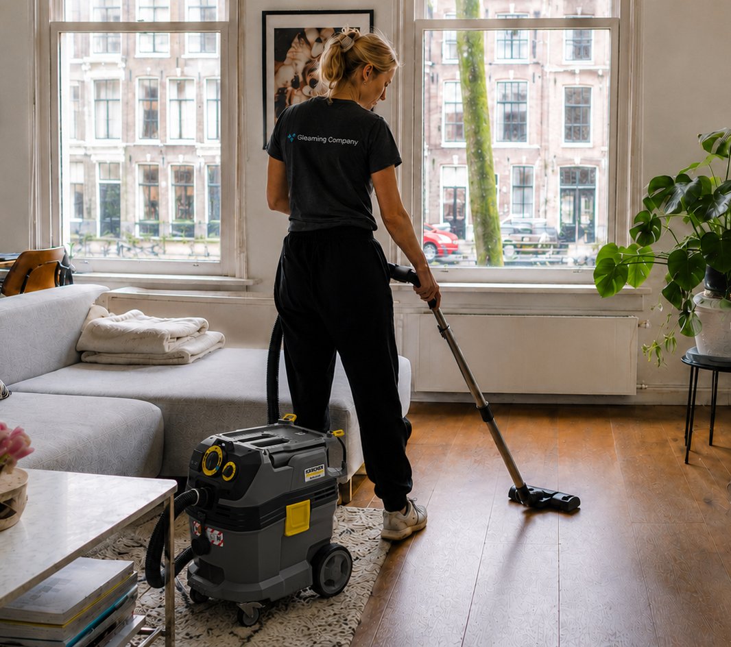 Schoonmaker van Gleaming Company stofzuigt een woonkamer aan de gracht