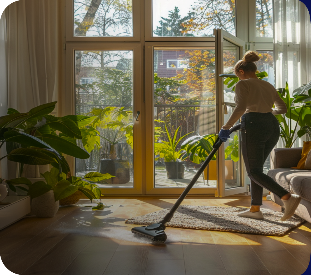 Gleaming cleaner vacuuming a bright living room