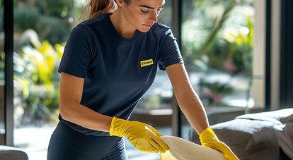 Schoonmaker met gele handschoenen ontvet een keukenoppervlak