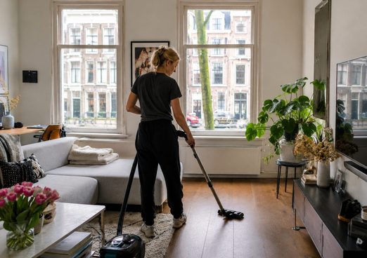 Schoonmaker stofzuigt een woonkamer in een Amsterdams grachtenpand