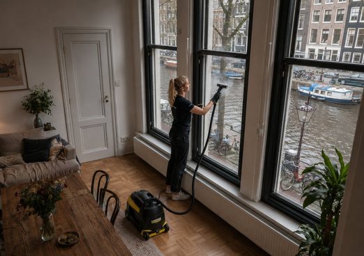 Schoonmaker reinigt met stoom bij hoge ramen