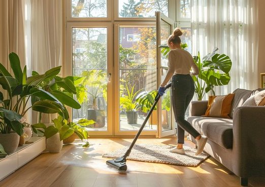 Schoonmaker stofzuigt een zonnige woonkamer