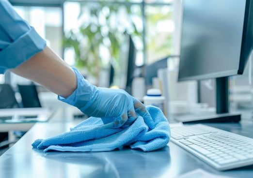 Hand met handschoen desinfecteert een werkblad met een doek