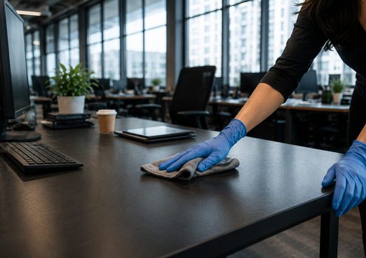 Schoonmaker met blauwe handschoenen veegt een bureau af