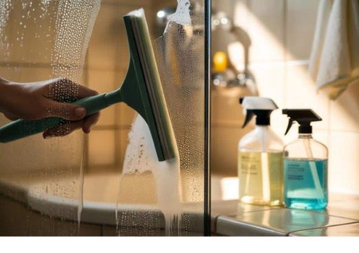 Schoonmaker dweilt een lichte, open hal met een schoonmaakkar