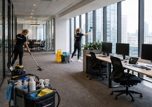 Schoonmaakploeg aan het werk op een grote open vloer