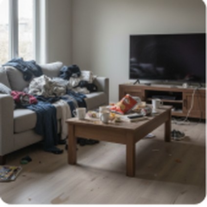 Living room cluttered with clothes and dishes before cleaning