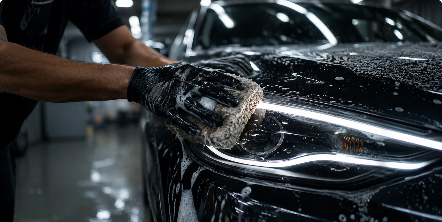 Een hand met handschoen wast een zwarte auto met een spons