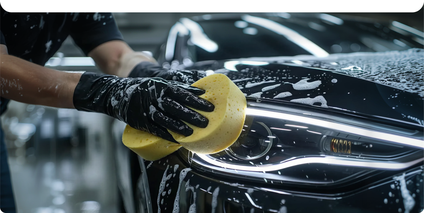A gloved hand washing a black car with a yellow sponge
