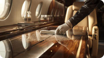 A gloved hand polishing a private jet interior