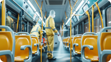 A cleaner in protective gear sanitising a tram interior