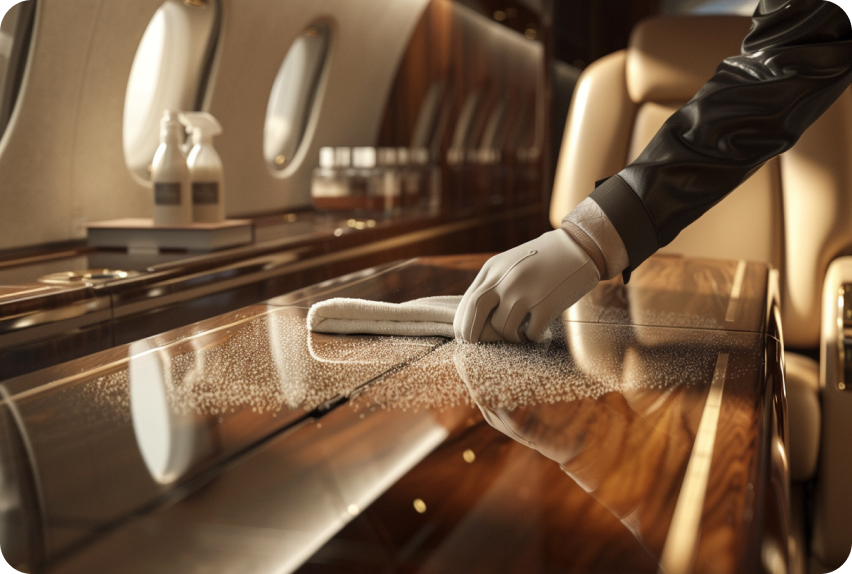 A gloved hand polishing a private jet interior