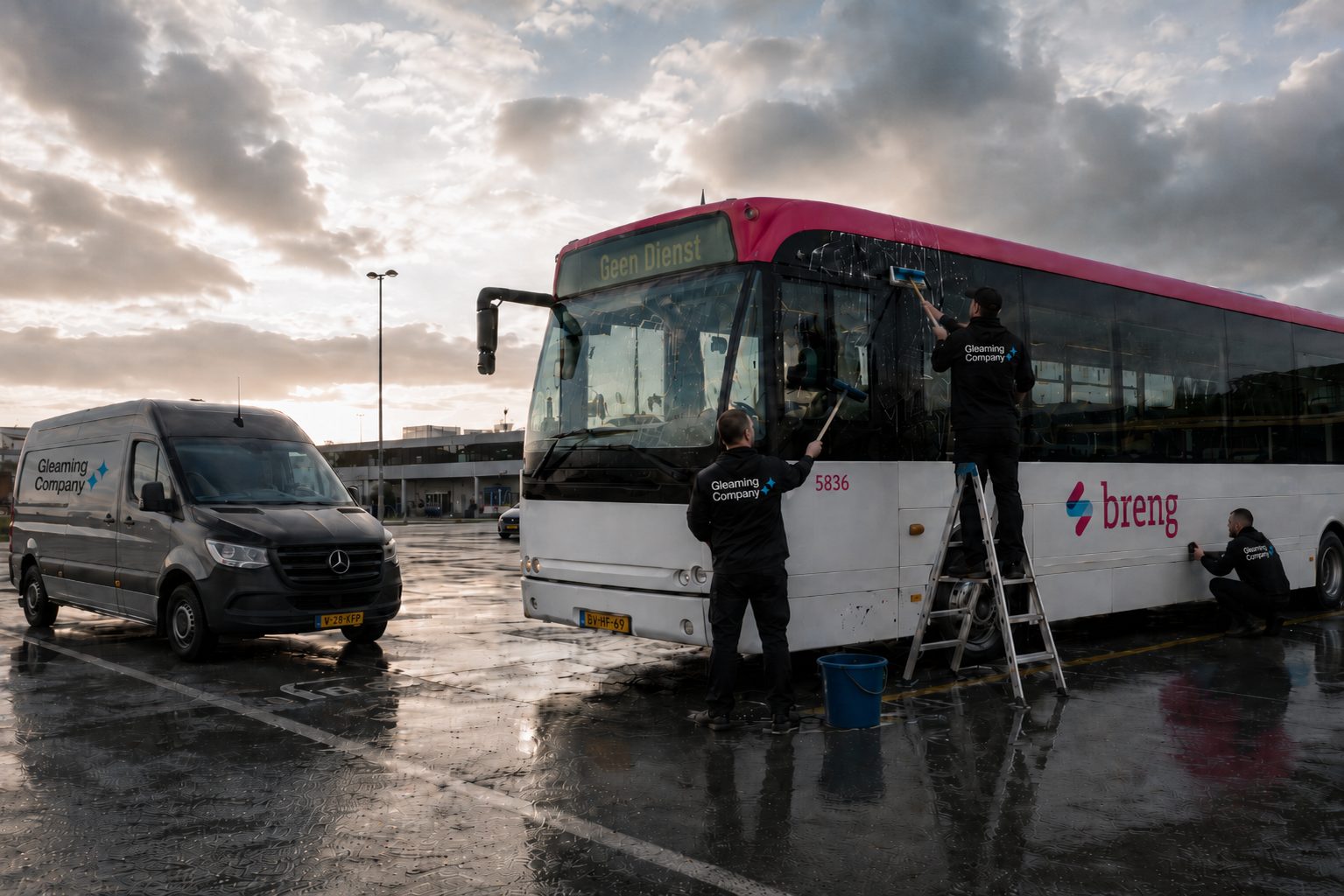 Team van Gleaming Company wast een stadsbus in de remise