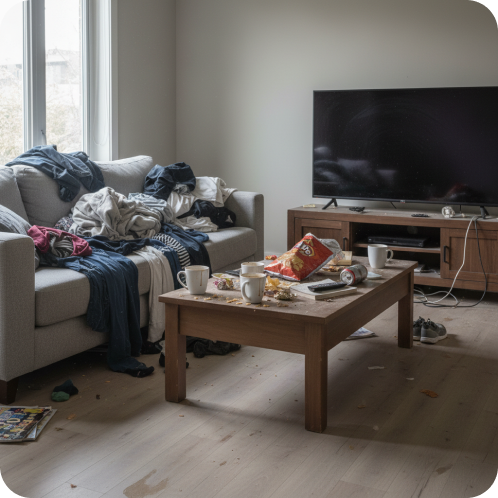 Living room cluttered with clothes and dishes before cleaning